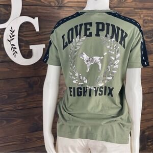 PINK VS | Olive Green PINK Sequined Dog Logo Short Sleeve Tee Metallic Silver‎